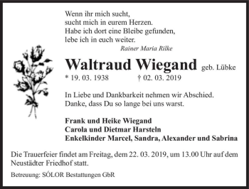Traueranzeige von Waltraud Wiegand (geb. Lübke)  von Magdeburger Volksstimme