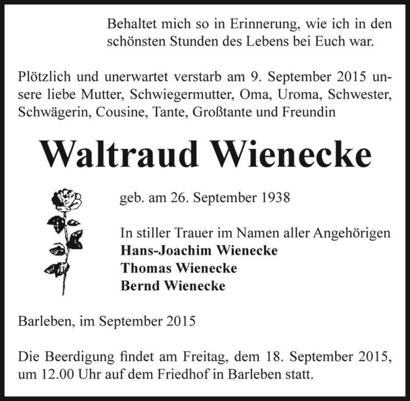  Traueranzeige für Waltraud Wienecke  vom 12.09.2015 aus Magdeburger Volksstimme