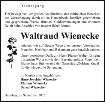 Traueranzeige von Waltraud Wienecke  von Magdeburger Volksstimme