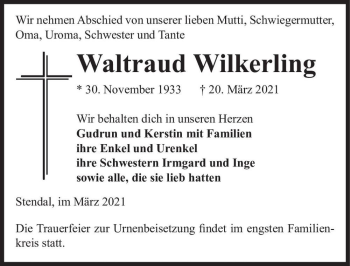 Traueranzeige von Waltraud Wilkerling  von Magdeburger Volksstimme