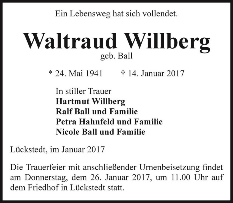 Traueranzeige für Waltraud Willberg (geb. Ball)  vom 20.01.2017 aus Magdeburger Volksstimme