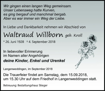Traueranzeige von Waltraud Willborn (geb. Kroll)  von Magdeburger Volksstimme