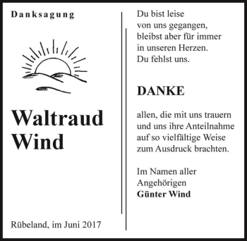 Traueranzeige von Waltraud Wind  von Magdeburger Volksstimme