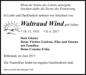 Traueranzeige von Waltraud Wind (geb. Valley)  von Magdeburger Volksstimme