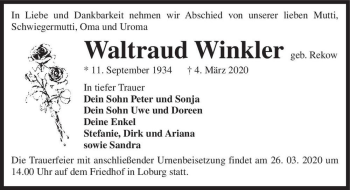 Traueranzeige von Waltraud Winkler (geb. Rekow)  von Magdeburger Volksstimme