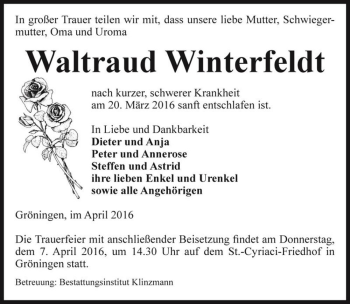 Traueranzeige von Waltraud Winterfeldt  von Magdeburger Volksstimme
