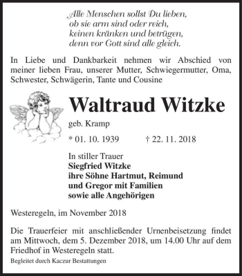 Traueranzeige von Waltraud Witzke (geb. Kramp)  von Magdeburger Volksstimme