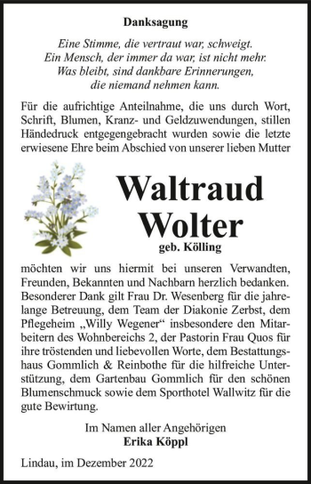 Traueranzeige von Waltraud Wolter (geb. Kölling)  von Magdeburger Volksstimme