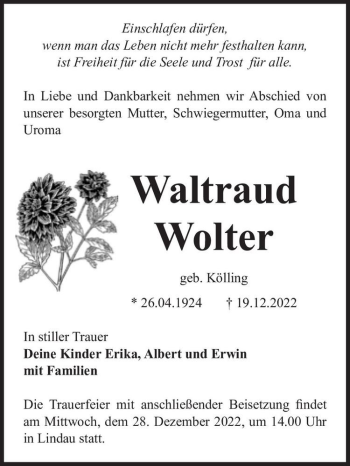 Traueranzeige von Waltraud Wolter (geb. Kölling)  von Magdeburger Volksstimme