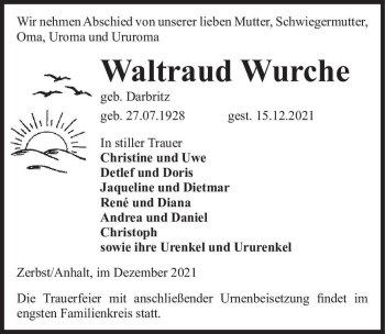 Traueranzeige von Waltraud Wurche (geb. Darbritz)  von Magdeburger Volksstimme
