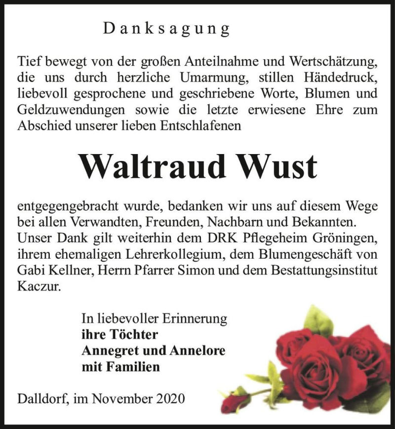  Traueranzeige für Waltraud Wust  vom 07.11.2020 aus Magdeburger Volksstimme