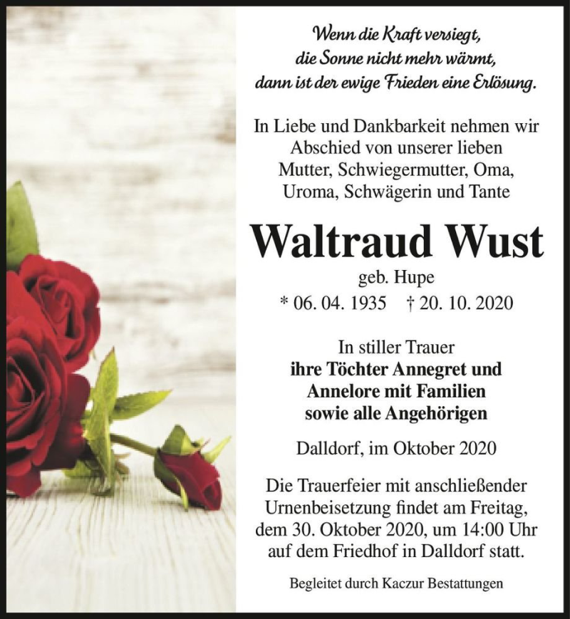  Traueranzeige für Waltraud Wust (geb. Hupe)  vom 24.10.2020 aus Magdeburger Volksstimme
