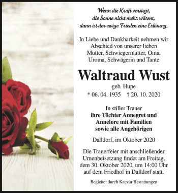 Traueranzeige von Waltraud Wust (geb. Hupe)  von Magdeburger Volksstimme