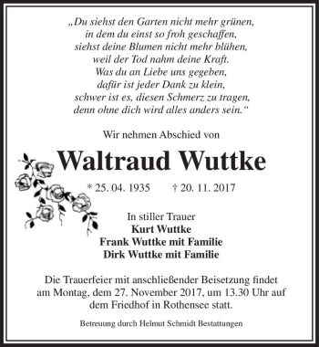 Traueranzeige von Waltraud Wuttke  von Magdeburger Volksstimme