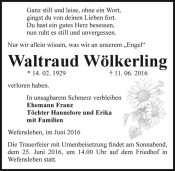 Traueranzeige von Waltraud Wölkerling  von Magdeburger Volksstimme