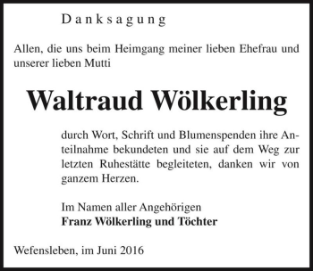 Traueranzeige von Waltraud Wölkerling  von Magdeburger Volksstimme