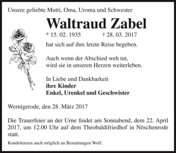 Traueranzeige von Waltraud Zabel  von Magdeburger Volksstimme