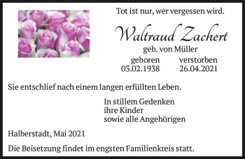 Traueranzeige von Waltraud Zachert (geb. von Müller)  von Magdeburger Volksstimme