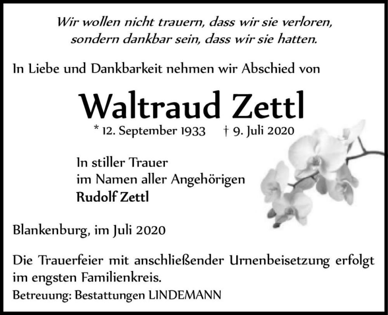  Traueranzeige für Waltraud Zettl  vom 18.07.2020 aus Magdeburger Volksstimme