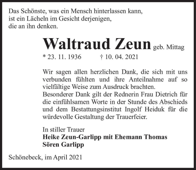  Traueranzeige für Waltraud Zeun (geb. Mittag)  vom 24.04.2021 aus Magdeburger Volksstimme
