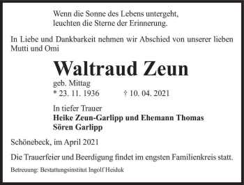 Traueranzeige von Waltraud Zeun (geb. Mittag)  von Magdeburger Volksstimme