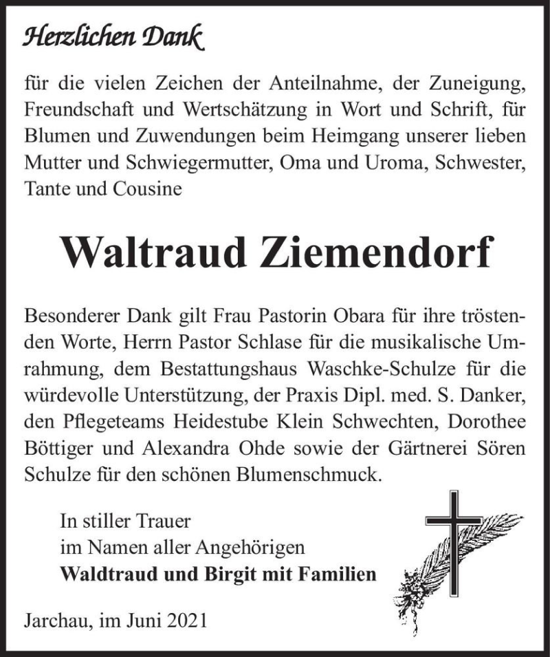  Traueranzeige für Waltraud Ziemendorf  vom 07.07.2021 aus Magdeburger Volksstimme