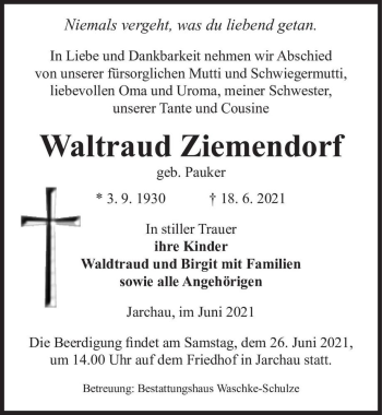 Traueranzeige von Waltraud Ziemendorf (geb. Pauker)  von Magdeburger Volksstimme