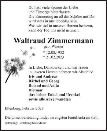 Traueranzeige von Waltraud Zimmermann (geb. Wasner)  von Magdeburger Volksstimme