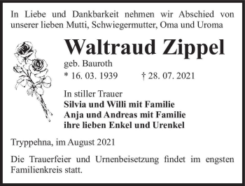 Traueranzeige von Waltraud Zippel (geb. Bauroth)  von Magdeburger Volksstimme