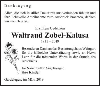 Traueranzeige von Waltraud Zobel-Kalusa  von Magdeburger Volksstimme