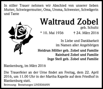 Traueranzeige von Waltraud Zobel (geb. Schultz)  von Magdeburger Volksstimme