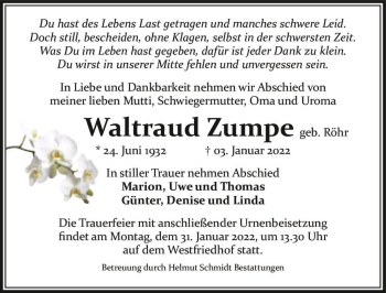 Traueranzeige von Waltraud Zumpe (geb. Röhr)  von Magdeburger Volksstimme