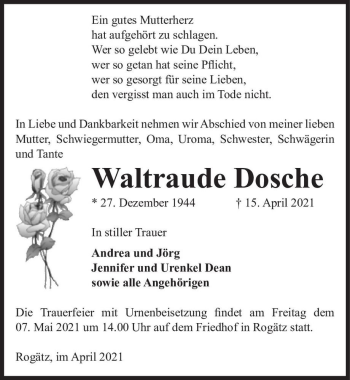 Traueranzeige von Waltraude Dosche  von Magdeburger Volksstimme