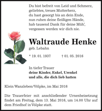 Traueranzeige von Waltraude Henke (geb. Lebahn)  von Magdeburger Volksstimme