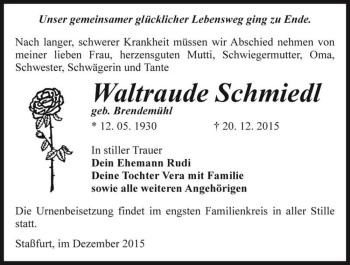 Traueranzeige von Waltraude Schmiedl (geb. Brendemühl)  von Magdeburger Volksstimme