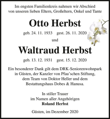 Traueranzeige von Waltraud und Otto Herbst  von Magdeburger Volksstimme