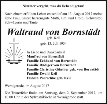 Traueranzeige von Waltraud von Bornstädt (geb. Keil)  von Magdeburger Volksstimme
