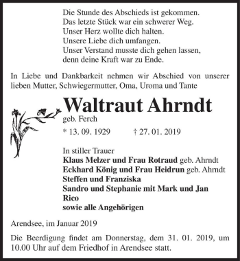 Traueranzeige von Waltraut Ahrndt (geb. Ferch)  von Magdeburger Volksstimme
