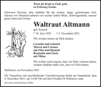 Traueranzeige von Waltraut Altmann (geb. Kausch)  von Magdeburger Volksstimme