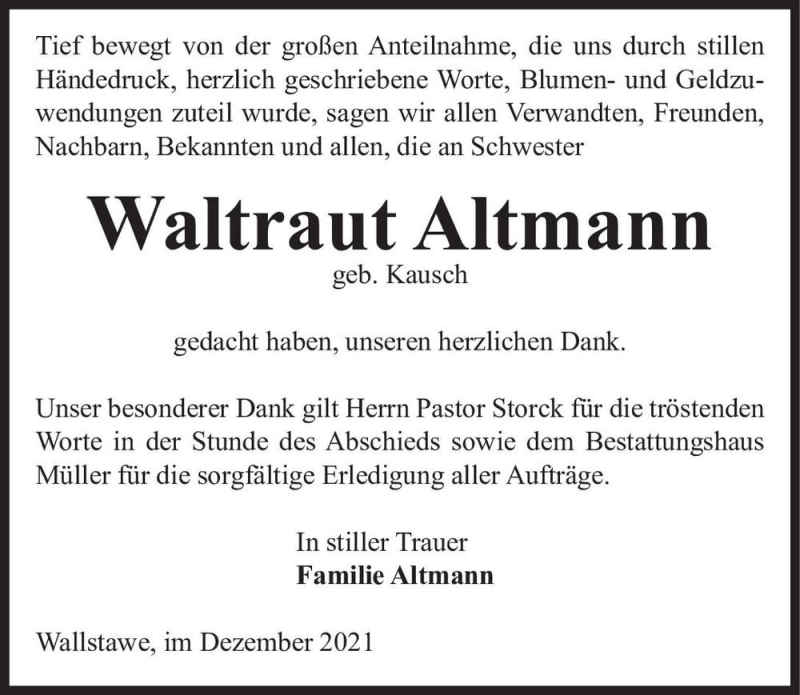  Traueranzeige für Waltraut Altmann (geb. Kausch)  vom 18.12.2021 aus Magdeburger Volksstimme
