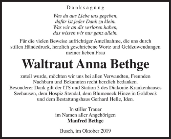 Traueranzeige von Waltraut Anna Bethge  von Magdeburger Volksstimme