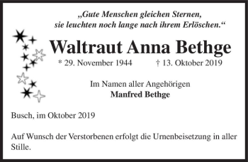 Traueranzeige von Waltraut Anna Bethge  von Magdeburger Volksstimme