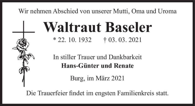  Traueranzeige für Waltraut Baseler  vom 27.03.2021 aus Magdeburger Volksstimme