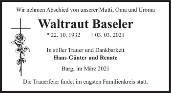 Traueranzeige von Waltraut Baseler  von Magdeburger Volksstimme