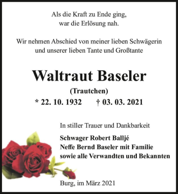 Traueranzeige von Waltraut Baseler 