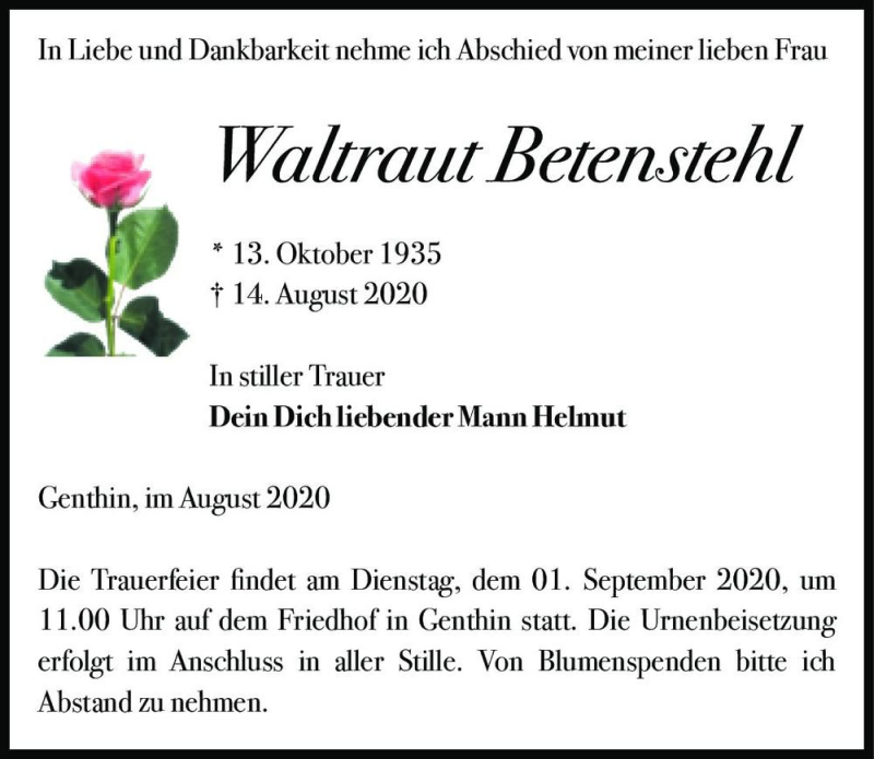  Traueranzeige für Waltraut Betenstehl  vom 22.08.2020 aus Magdeburger Volksstimme
