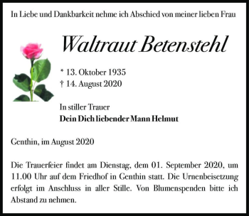 Traueranzeige von Waltraut Betenstehl  von Magdeburger Volksstimme