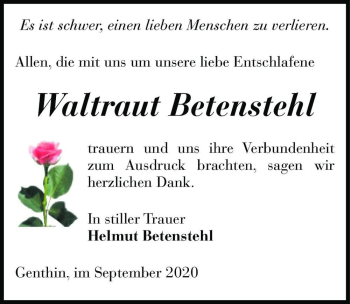 Traueranzeige von Waltraut Betenstehl  von Magdeburger Volksstimme