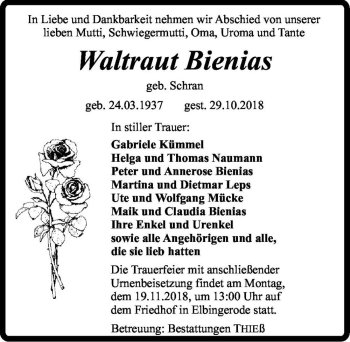 Traueranzeige von Waltraut Bienias (geb. Schran)  von Magdeburger Volksstimme