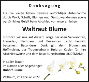 Traueranzeige von Waltraut Blume  von Magdeburger Volksstimme